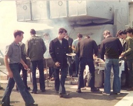 BBQ at sea, below the ASROC launcher on the Barry April 1979