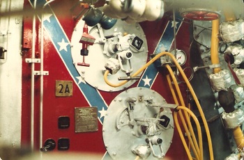 Front of 2A boiler in the aft boiler room. The USS Barry had steam turbines for propulsion. March 1981 